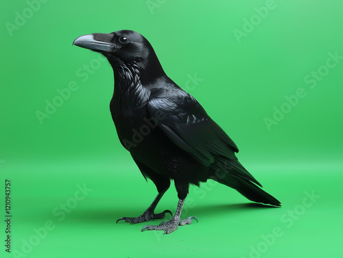 A Single Black Raven Stands Against A Green Background photo