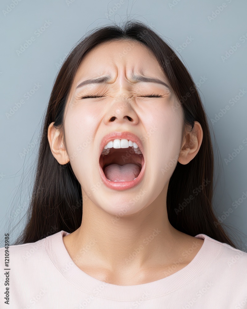 Upset Asian Woman Clenching Teeth with Expression of Anger and Frustration Upset Asian Woman Clenching Teeth with Expression of Anger and Frustration