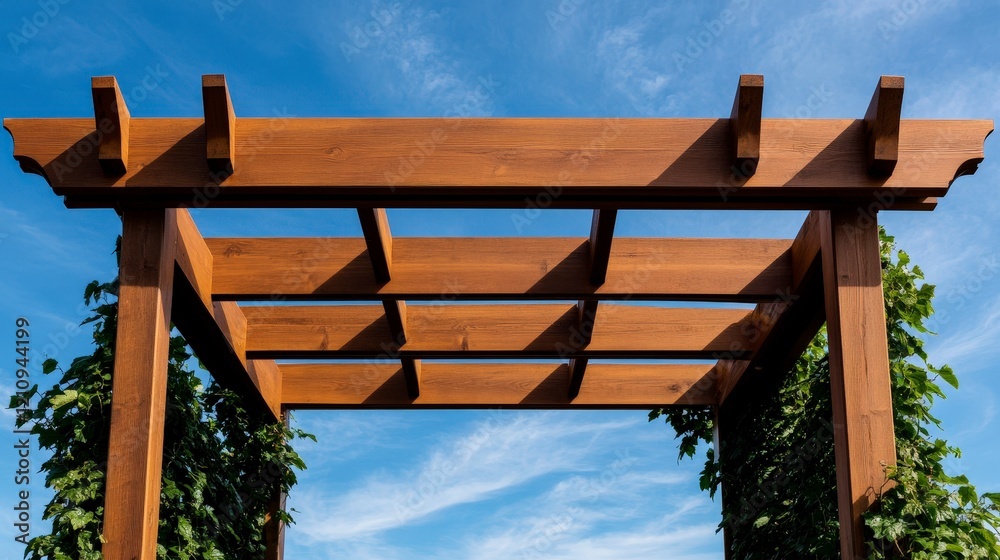 Wooden Arbor Frame Under Clear Blue Sky with Green Vines Twisting Around Wooden Arbor Frame Under Clear Blue Sky with Green Vines Twisting Around