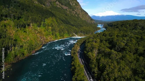 Scenic River Road Surrounded by Forest and Mountains