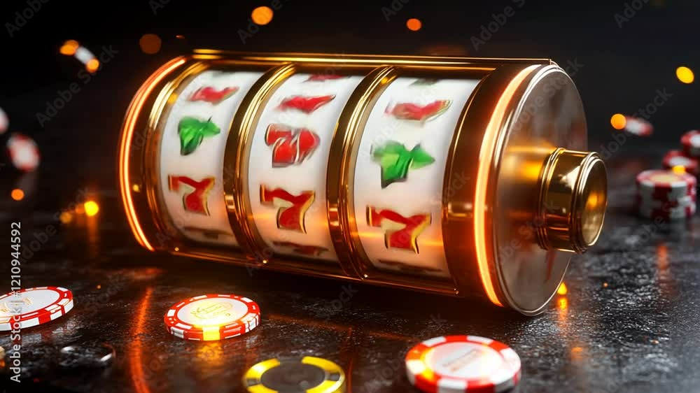 A vibrant slot machine with cherry and seven symbols, surrounded by chips.