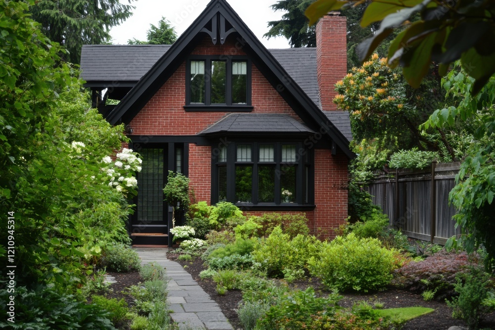 Nestled in a peaceful neighborhood, this delightful brick cottage is embraced by vibrant, lush greenery on a beautiful sunny day Nestled in a peaceful neighborhood, this delightful brick cottage is embraced by vibrant, lush greenery on a beautiful sunny day
