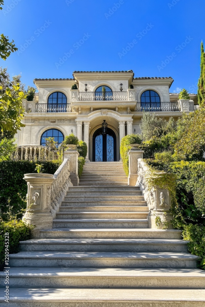Fototapeta premium Experience the epitome of luxury living in this breathtaking villa, featuring exquisite landscaping and enveloped by lush greenery in a sun-drenched environment