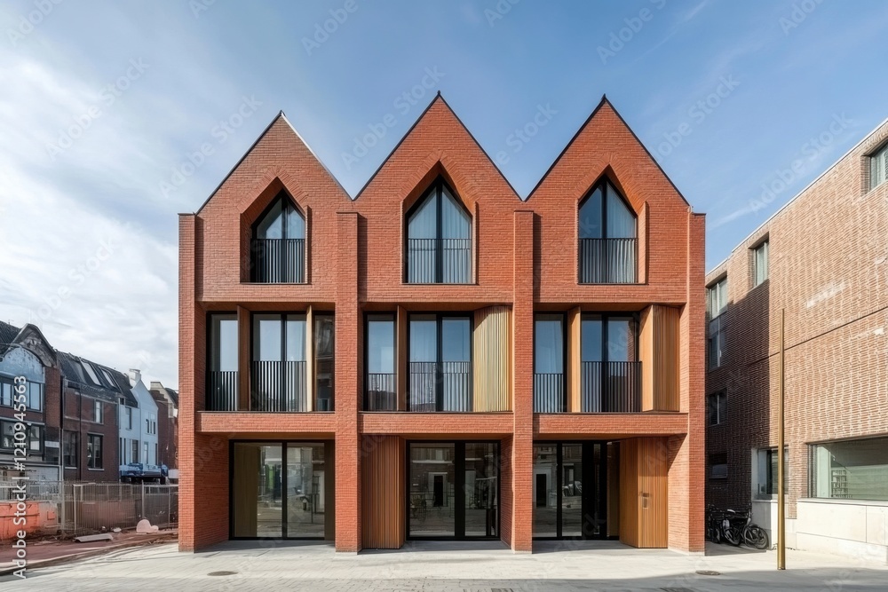 Naklejka premium Modern architectural design showcasing a striking brick building with angular roofs in an urban setting during daylight hours