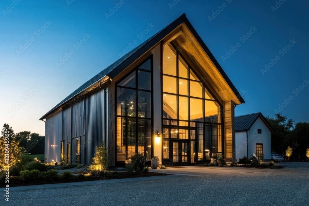 Modern architectural beauty showcases warm glow at twilight, highlighting a stunning building with large glass windows and rustic charm set against a serene evening backdrop Modern architectural beauty showcases warm glow at twilight, highlighting a stunning building with large glass windows and rustic charm set against a serene evening backdrop
