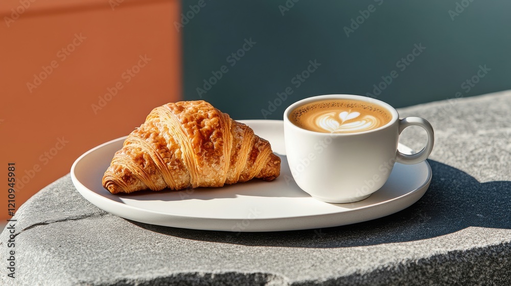 Warm croissant rests beside a small white ceramic cup filled with rich coffee on a stone surface in a cozy café setting Warm croissant rests beside a small white ceramic cup filled with rich coffee on a stone surface in a cozy café setting