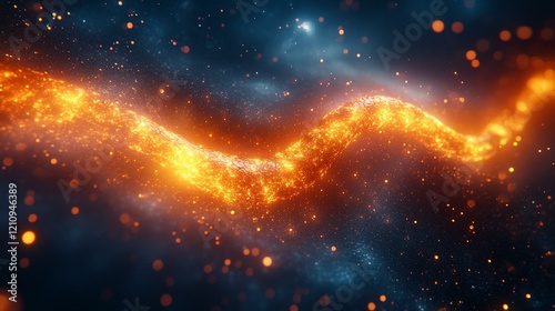 An abstract digital art of a glowing DNA helix transforming into particles and floating into space. 13