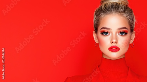 Wallpaper Mural Red-clad woman, stylish makeup, red background, beauty shot, advertising Torontodigital.ca