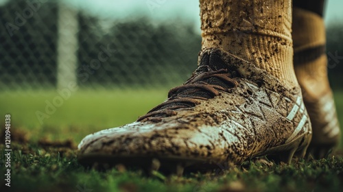 The texture of a soccer player's shin guards, outdoor setting with soccer field backdrop, Minimalist style photo