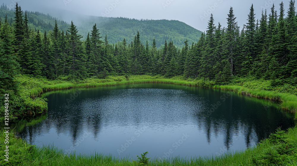 Serene mountain lake nestled in a lush evergreen forest. Serene mountain lake nestled in a lush evergreen forest.