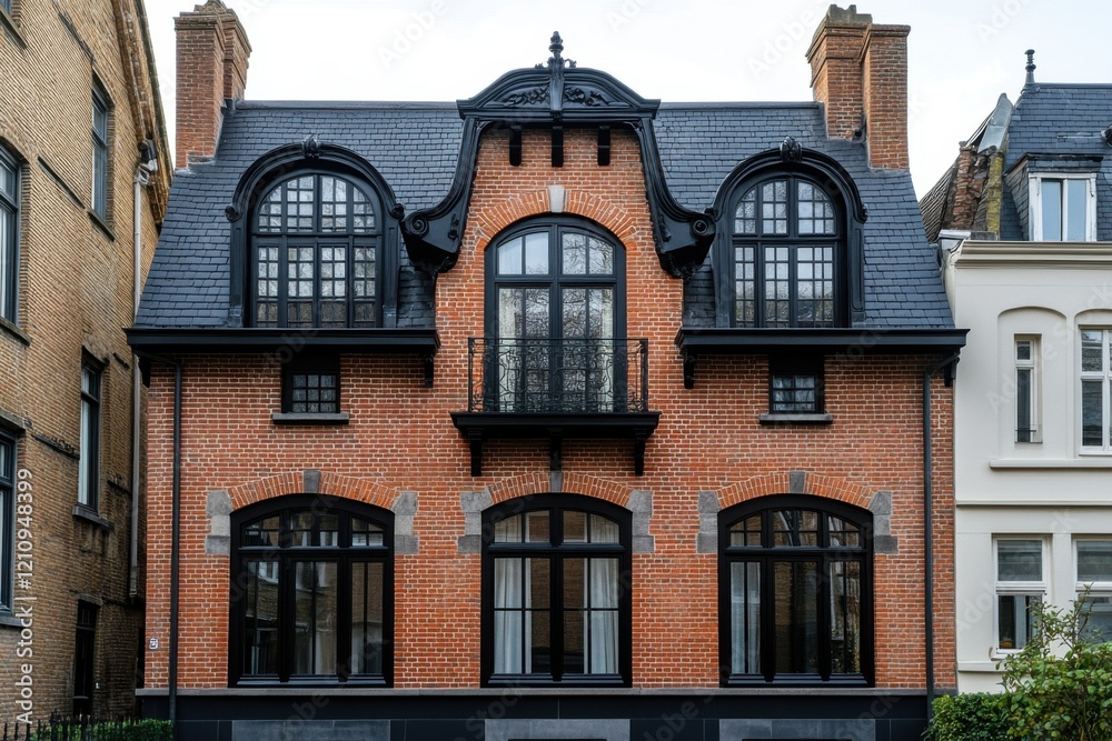 Obraz premium Elegant red brick house with unique architectural features and large windows located in an urban setting during daylight hours, showcasing its modern design elements
