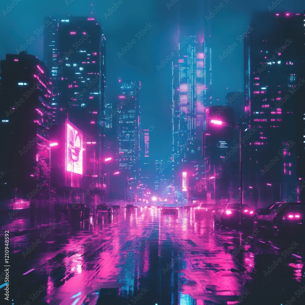 Fototapeta premium Neon City Nightscape: A Cyberpunk Rain-Kissed Metropolis