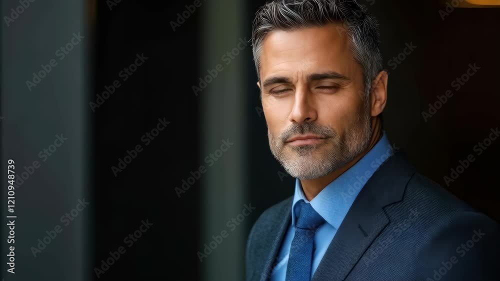 Confident businessman in blue suit looks through window with pensive expression in office setting Confident businessman in blue suit looks through window with pensive expression in office setting