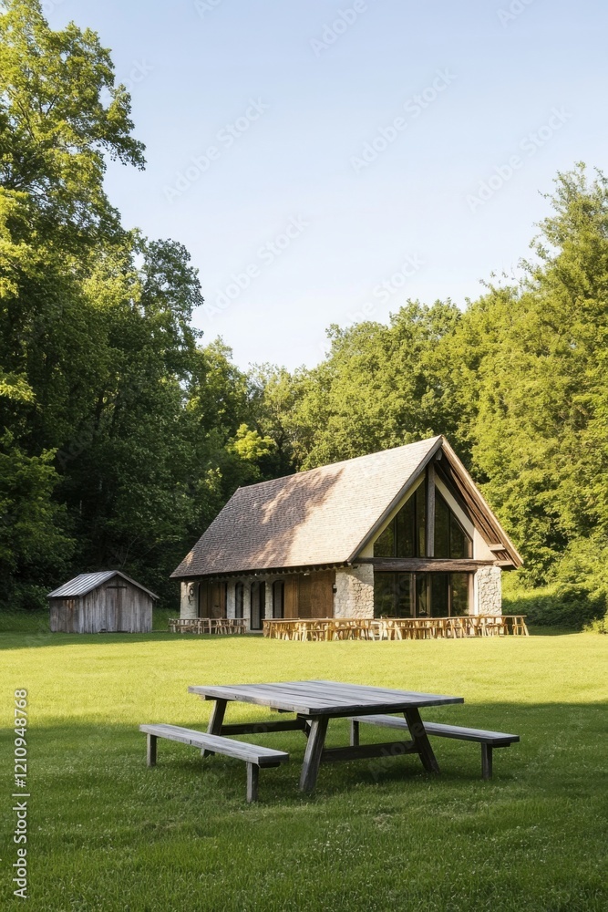 Fototapeta premium Rustic wooden cabin surrounded by lush greenery with a picnic table in the foreground on a sunny day in a tranquil outdoor setting