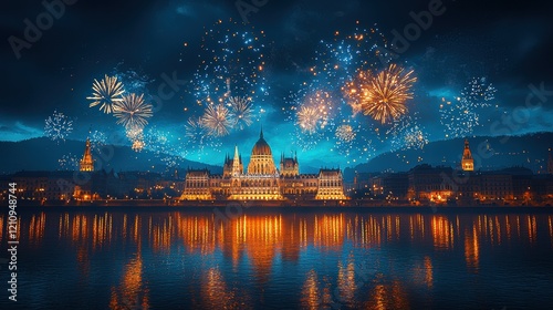 Fireworks display over the Hungarian Parliament building on a festive night in Budapest