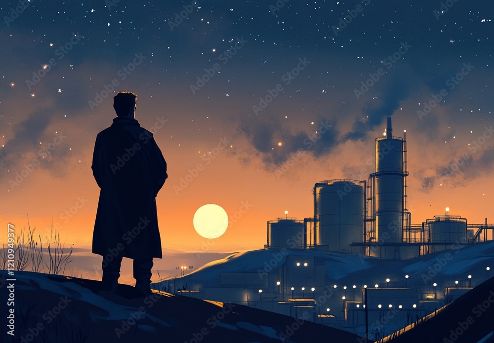 Naklejka premium Man silhouetted against sunset, overlooking industrial landscape.