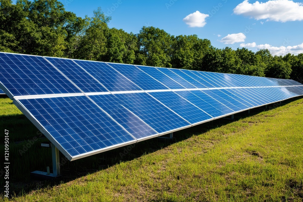 Expansive Solar Panel Array on a Clear Day with Blue Sky and Green Surroundings, Representing Renewable Energy and Sustainable Living Options for Future Generations Expansive Solar Panel Array on a Clear Day with Blue Sky and Green Surroundings, Representing Renewable Energy and Sustainable Living Options for Future Generations