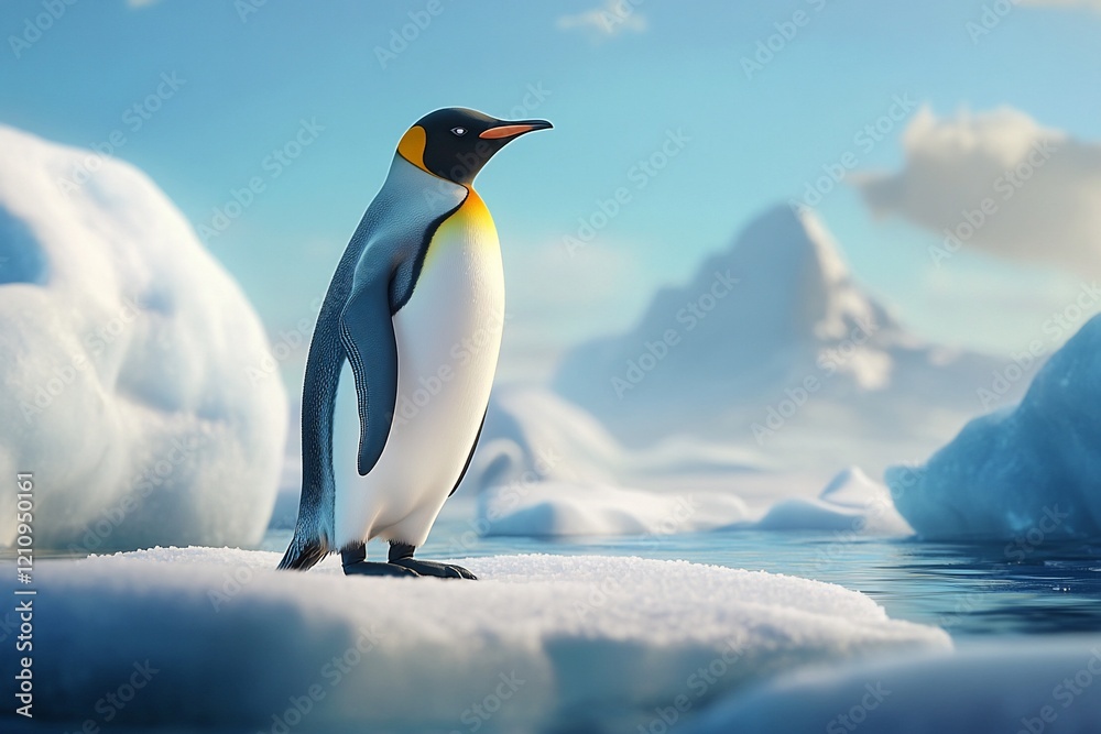 Fototapeta premium King penguin standing on ice floe in Antarctic landscape.
