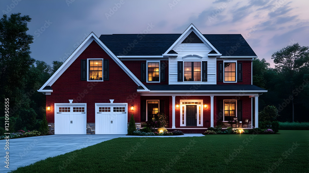 Obraz premium Elegant Two-Story Red Brick House at Twilight with Well-Landscaped Yard
