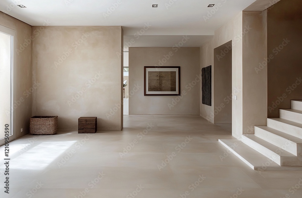 Minimalist interior design of a spacious hallway with beige walls, a wooden box, a wicker basket, large windows, and a staircase.