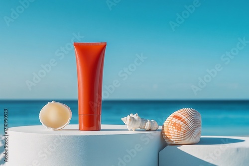 Red sunscreen tube on white podium with seashells against ocean backdrop. photo