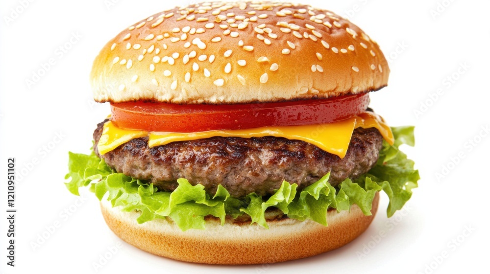 A perfectly grilled hamburger with a juicy beef patty, fresh lettuce, tomato A perfectly grilled hamburger with a juicy beef patty, fresh lettuce, tomato