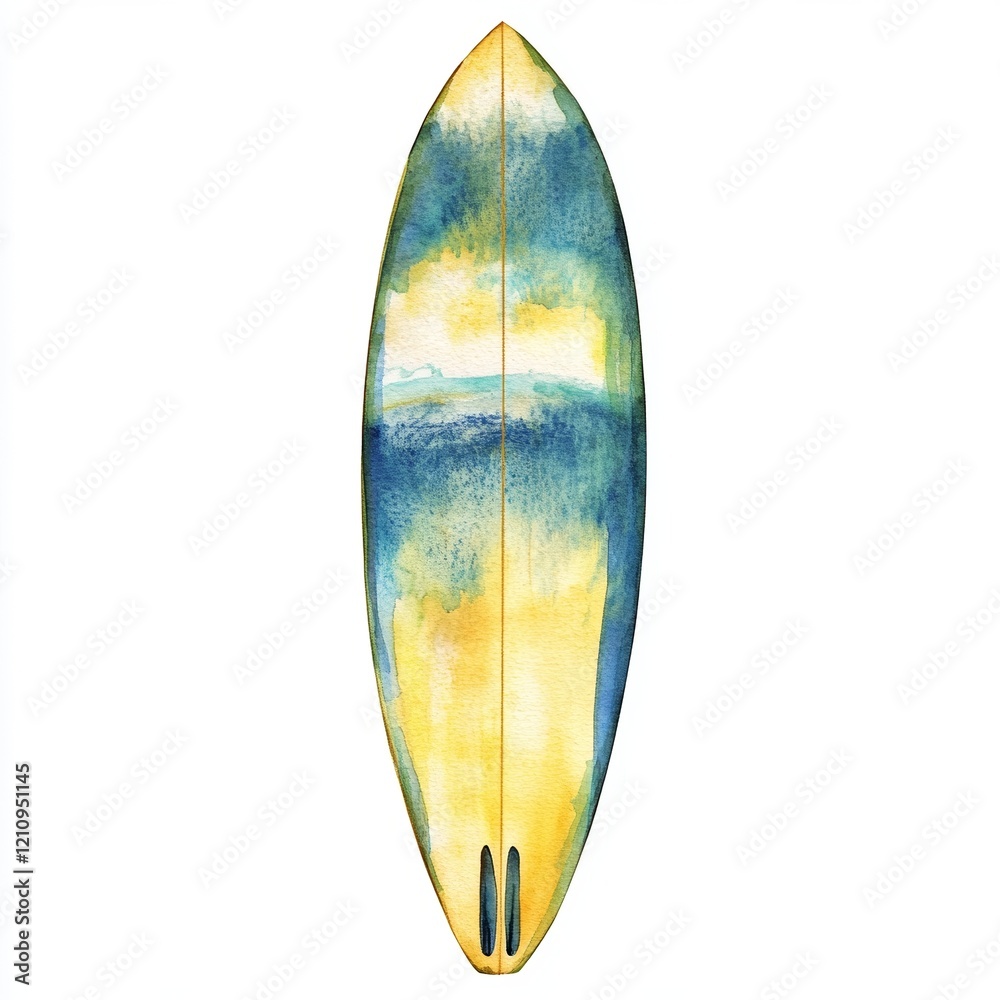 A beautifully crafted watercolor surfboard stands against a white backdrop. The detailed textures highlight the vibrant colors, evoking a sense of coastal adventure A beautifully crafted watercolor surfboard stands against a white backdrop. The detailed textures highlight the vibrant colors, evoking a sense of coastal adventure