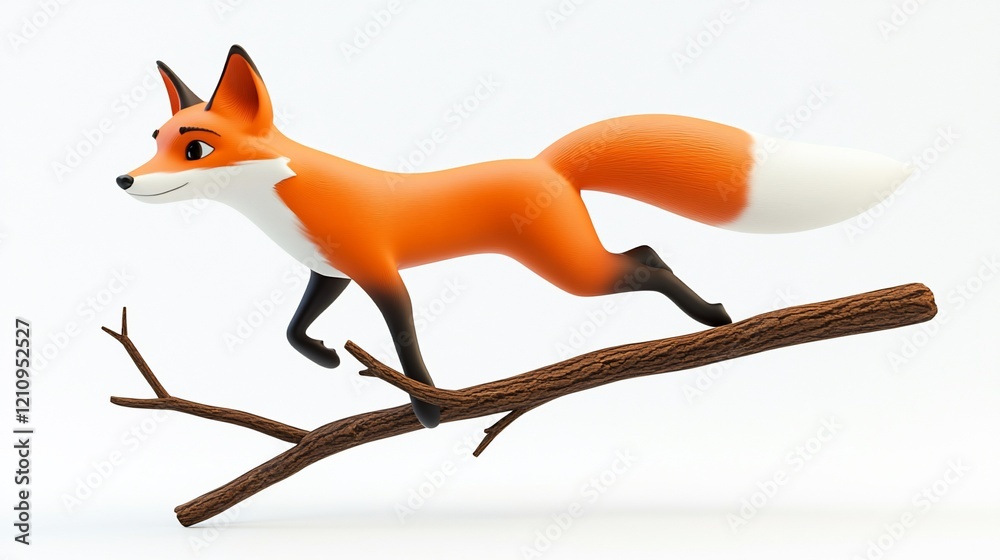 Obraz premium Cartoon fox leaping across a branch.