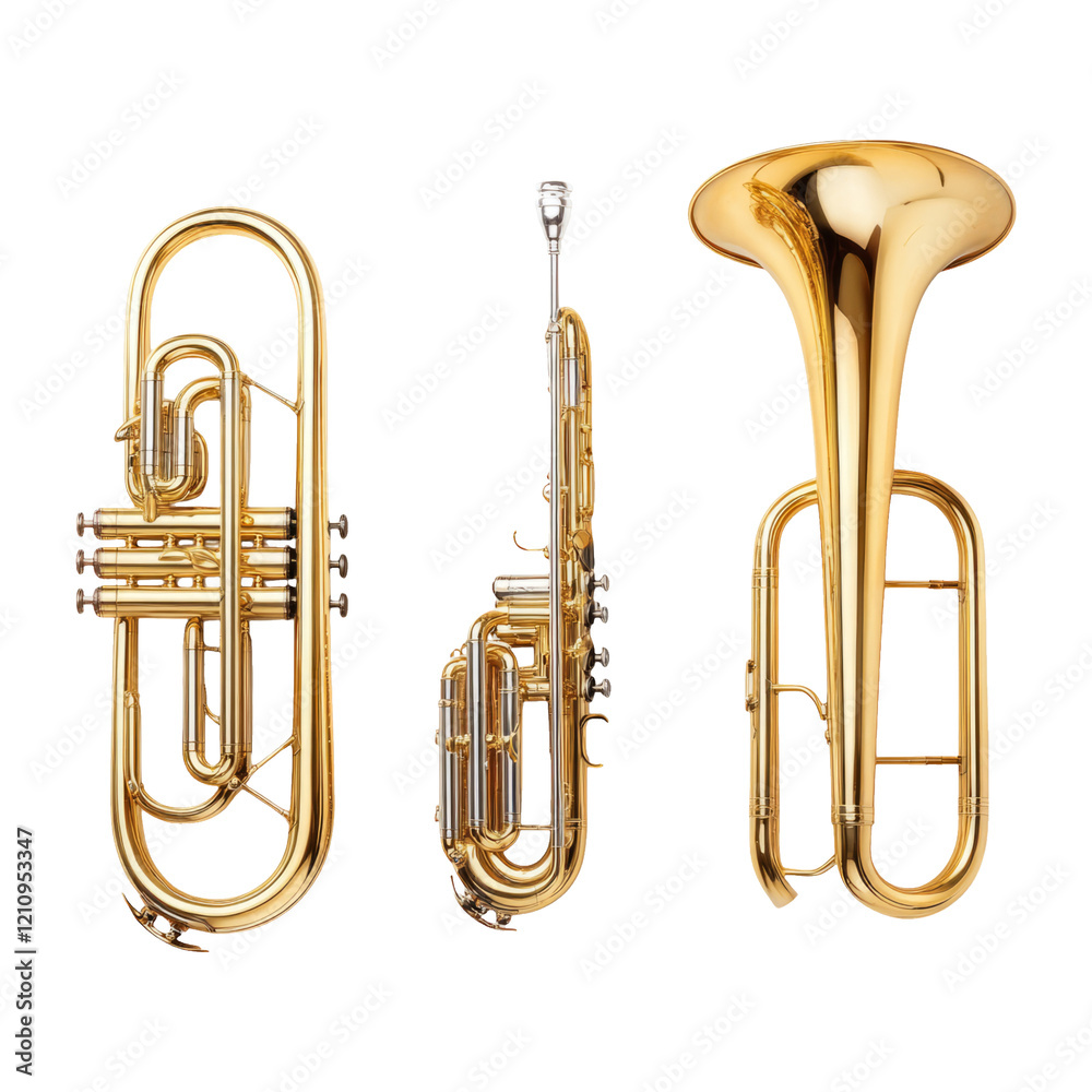 Fototapeta premium Three brass musical instruments isolated on a transparent background