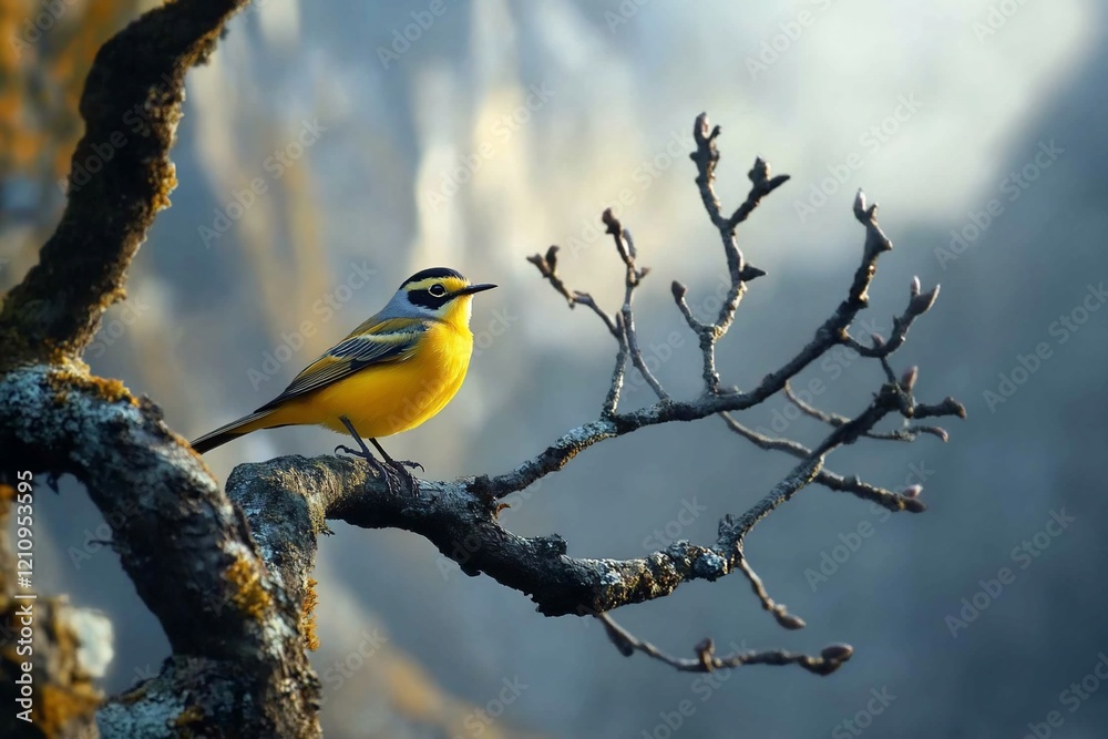 Naklejka premium Yellow bird perched on a mossy tree branch against a blurred background.