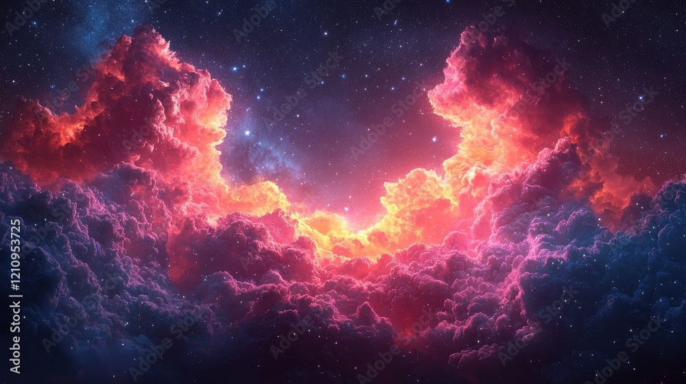 Vibrant cosmic clouds illuminated by radiant colors in a vast night sky Vibrant cosmic clouds illuminated by radiant colors in a vast night sky
