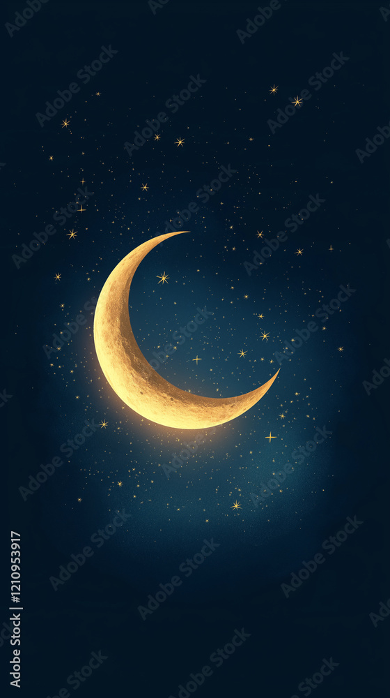 Golden crescent moon shining over dark blue night sky with stars Golden crescent moon shining over dark blue night sky with stars