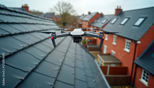 Drone hovers above house roof inspecting. Drone camera focuses on roof, gutters. Tech inspection of residential property. Rooftop tech inspection. Home maintenance tech. Property inspection drone.