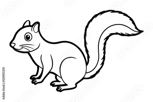  A simple line drawing of a squirrel looking curiously to the side, showcasing its bushy tail and alert expression.