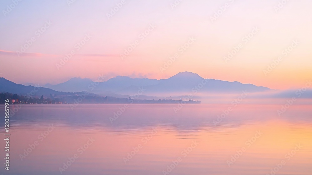 Serene sunrise over calm lake with mountain reflection. Serene sunrise over calm lake with mountain reflection.