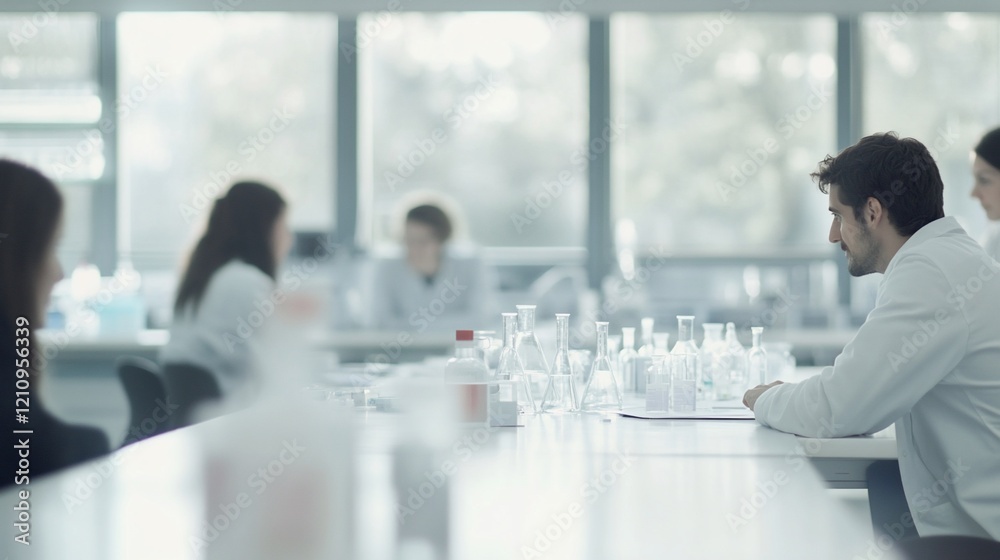 Fototapeta premium Scientists in lab coats collaborate at a lab table.