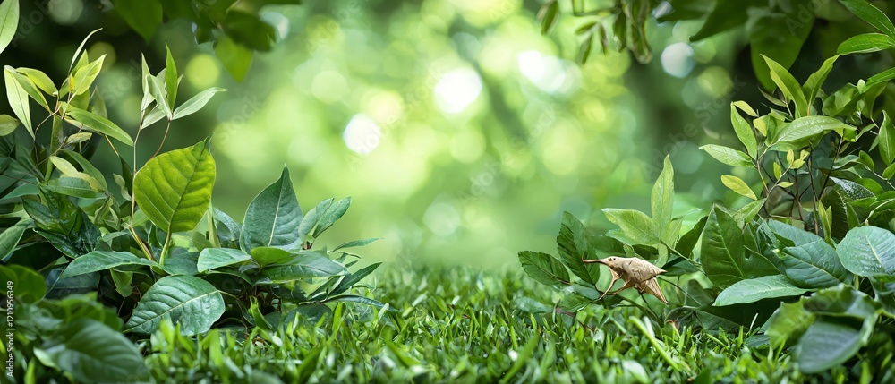 Lush green foliage and a small bird create a tranquil and natural scene in a forest setting