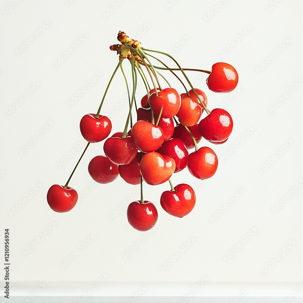 Fresh bunch of red cherries hanging against a white background. Fresh bunch of red cherries hanging against a white background.