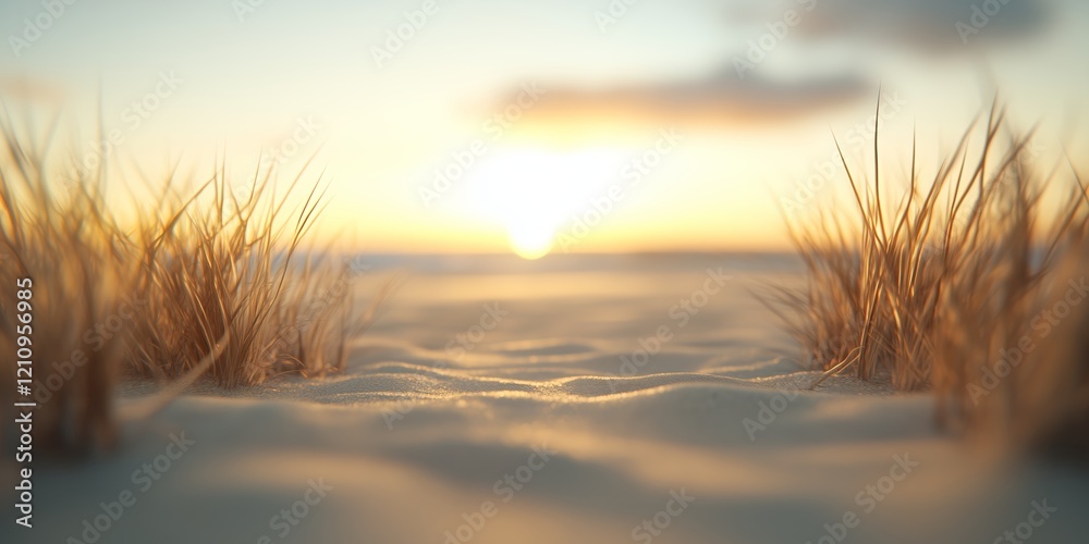 A serene close-up of sandy dunes adorned with tufts of golden grass, bathed in the warm glow of a setting sun. A serene close-up of sandy dunes adorned with tufts of golden grass, bathed in the warm glow of a setting sun.