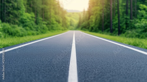 Serene Roadway Through Lush Green Forest in Early Morning Light
