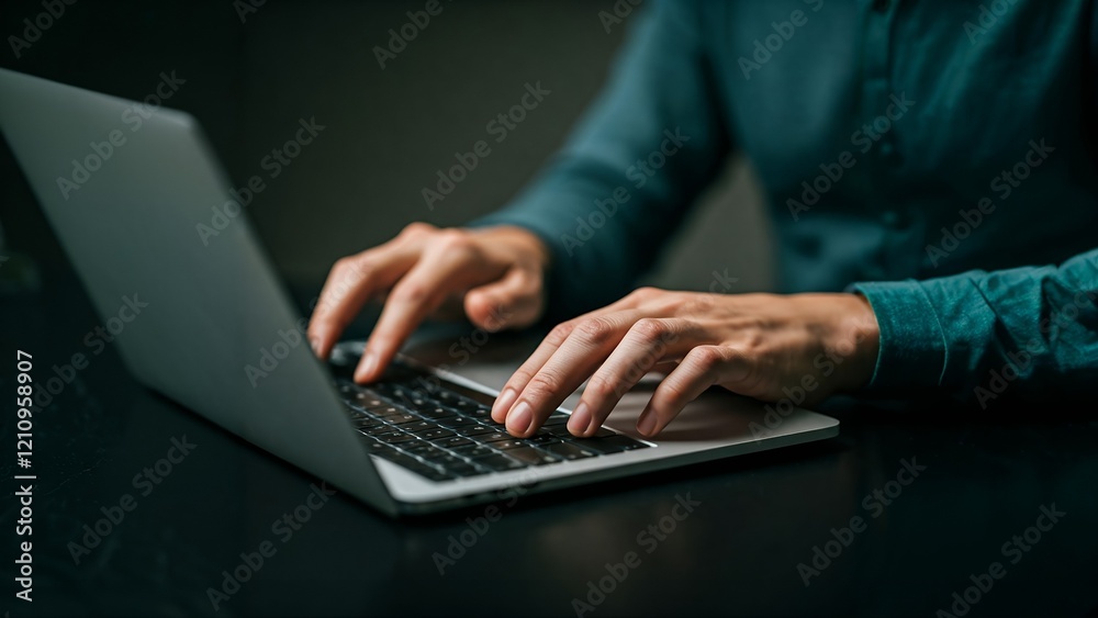 Person typing on a laptop in a dimly lit room. Person typing on a laptop in a dimly lit room.