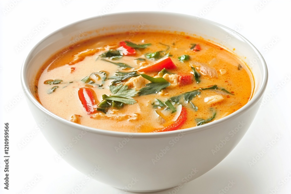 Creamy red curry soup in a white bowl with chicken, bell peppers, and herbs.