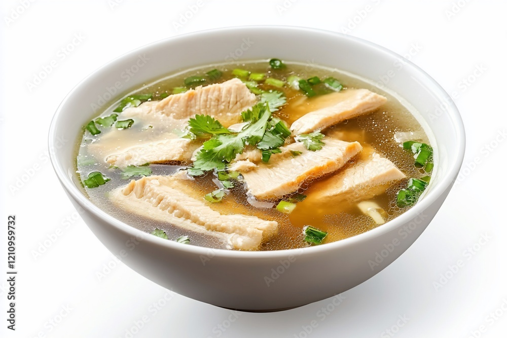 Chicken soup in a bowl, garnished with cilantro and green onions. Chicken soup in a bowl, garnished with cilantro and green onions.