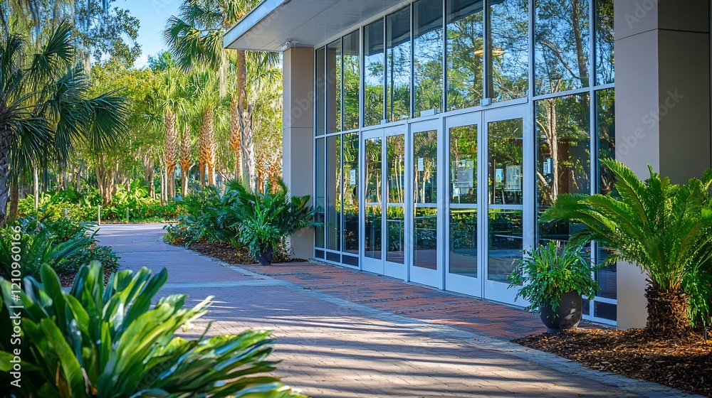 Naklejka premium Modern building entrance, sunny campus, palm trees, walkway, brochure