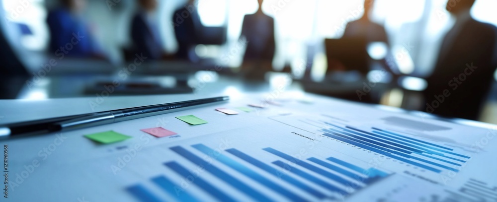 Close-up of business charts and graphs on a table with blurred background of colleagues in a meeting. Close-up of business charts and graphs on a table with blurred background of colleagues in a meeting.