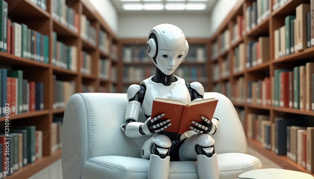 Ai robot sits in library and reads book. Future tech concept. Learning and innovation. Modern robotic design. Artificial intelligence. Modern library setting. Learning. Innovation concept. Ai robot sits in library and reads book. Future tech concept. Learning and innovation. Modern robotic design. Artificial intelligence. Modern library setting. Learning. Innovation concept.