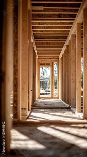 New home construction framing, hallway, sunlight, exterior view, real estate