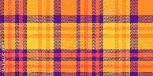 Vibrant tartan check vector, age fabric textile background. Jacket texture seamless pattern plaid in orange and violet colors.