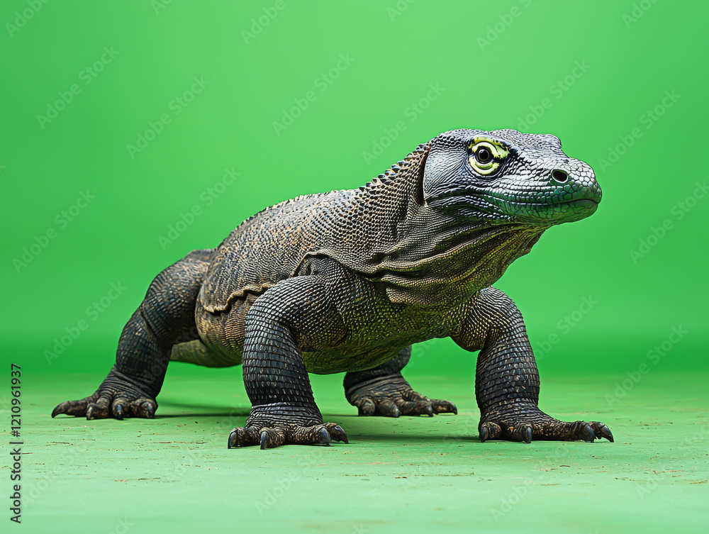 Fototapeta premium Komodo Dragon Standing Against Green Background