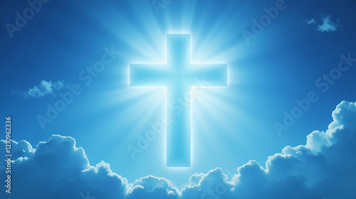 Image of illuminated cross in the sky among the clouds, concept of faith and prayer photo